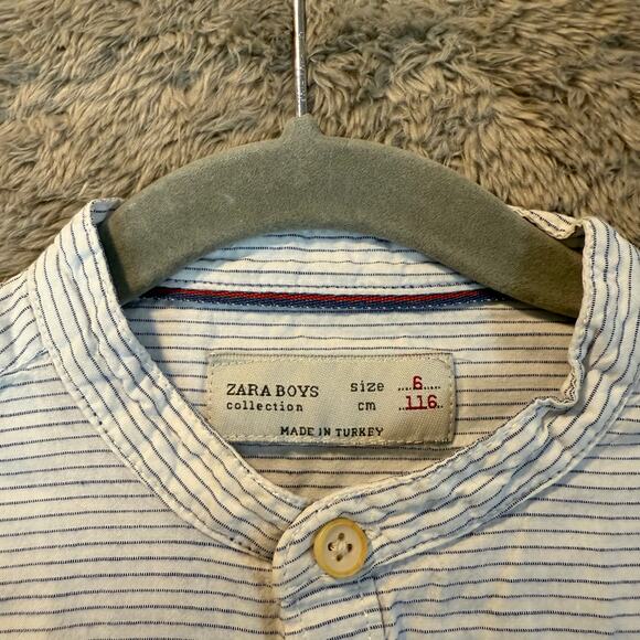 Zara Boys Sz 6 Striped Collarless Mandarin Collar Button Down Shirt Blue White - Picture 9 of 10
